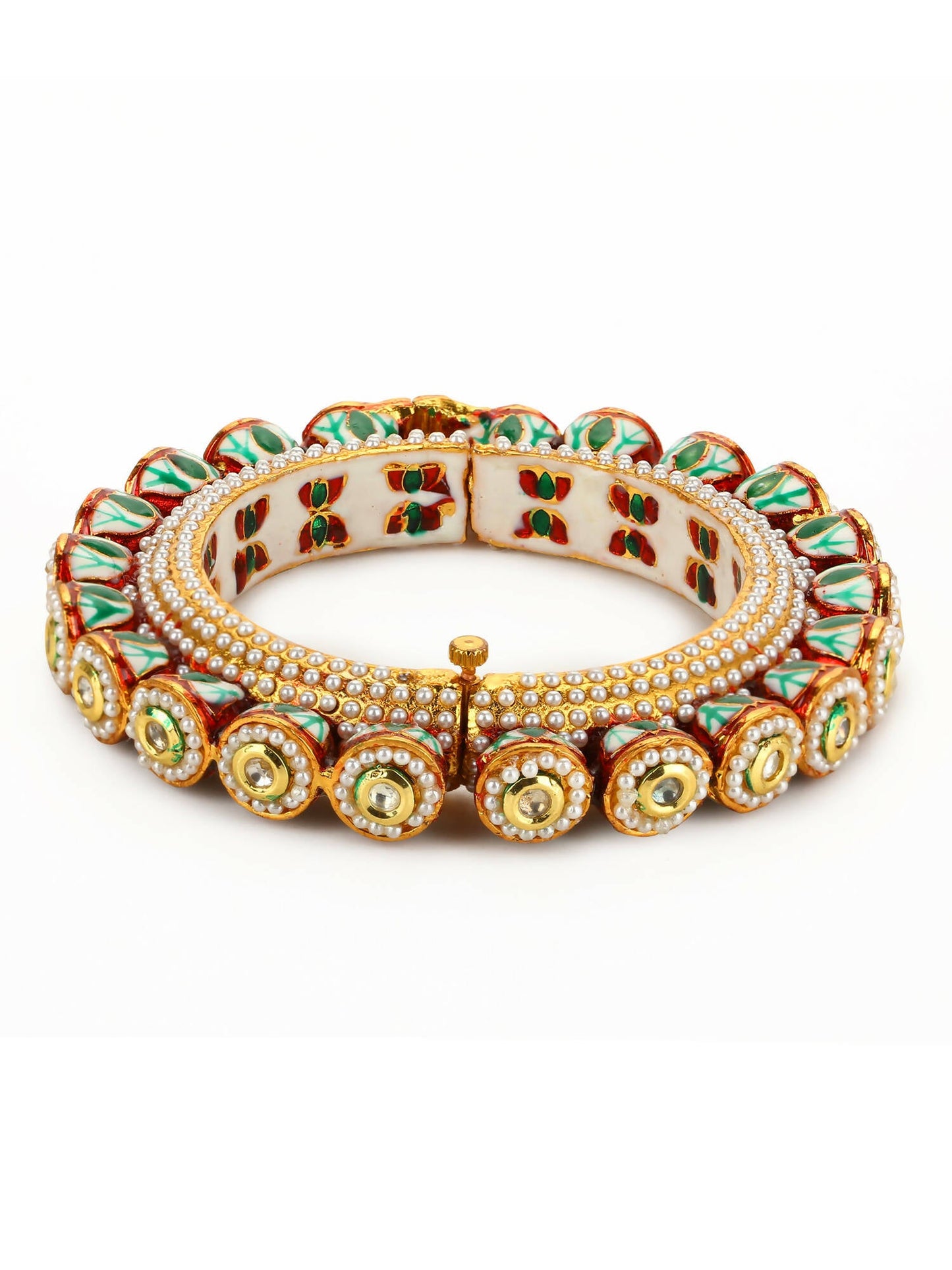 Gold-Polished Green Kundan-Studded Bangle - Ruby Raang - Swadesiicart