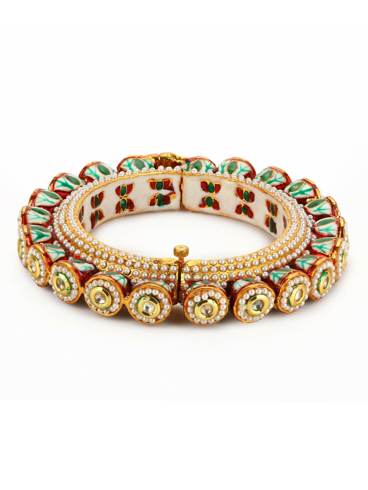 Gold-Polished Green Kundan-Studded Bangle - Ruby Raang - Swadesiicart