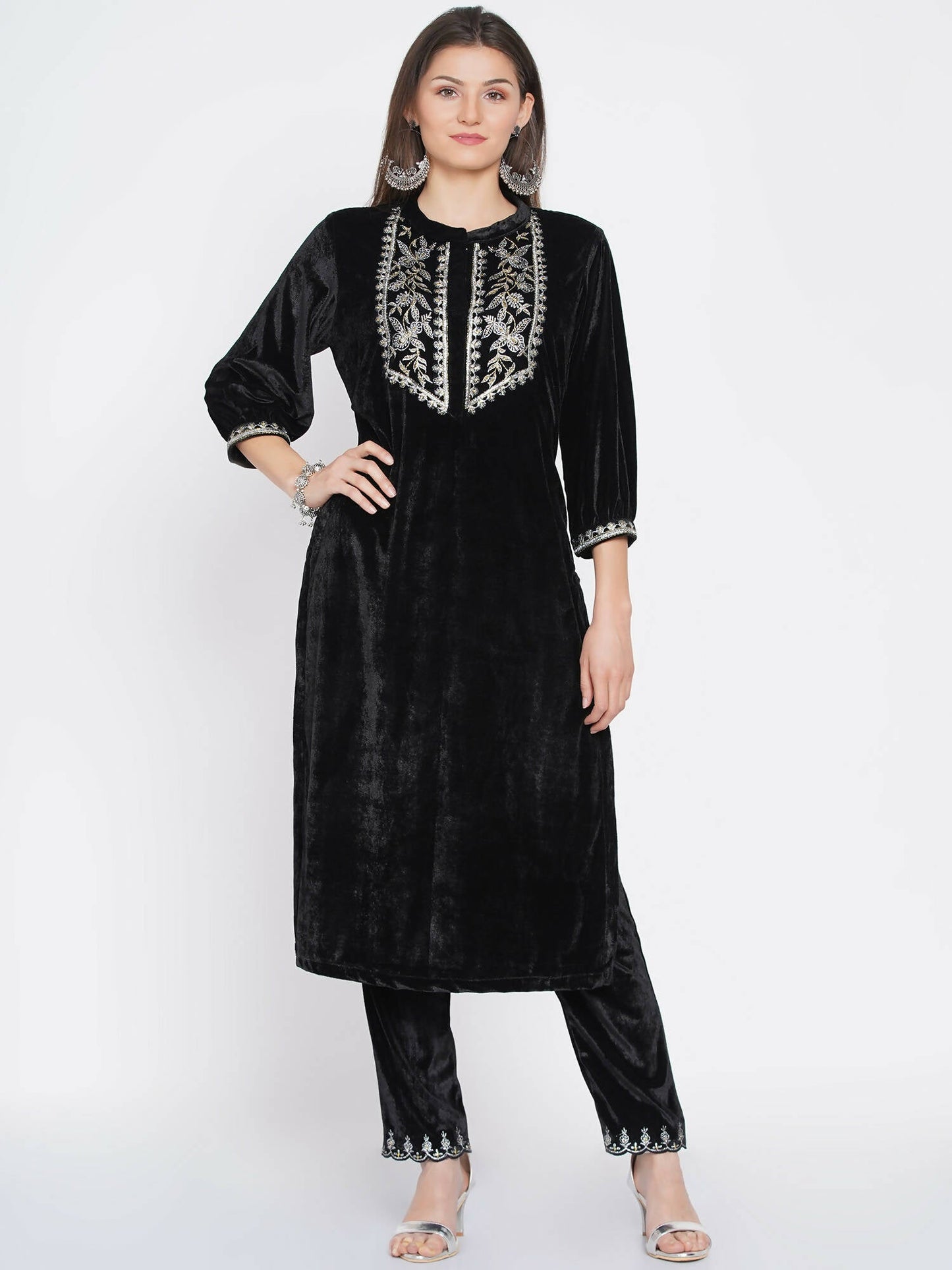 Women Republic Black Velvet Embroidered Kurta With Pants | Swadesiicart