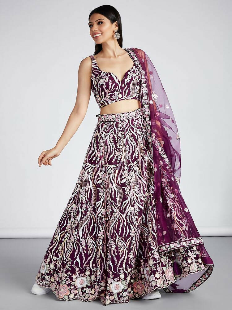 House of Panchhi Burgundy Net Sequins And Thread Embroidery Lehenga Choli & Dupatta | Swadesiicart