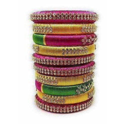 Handmade Silk Thread Colour Combination with Bangle Pink, Yellow & Green - Madhu Collections