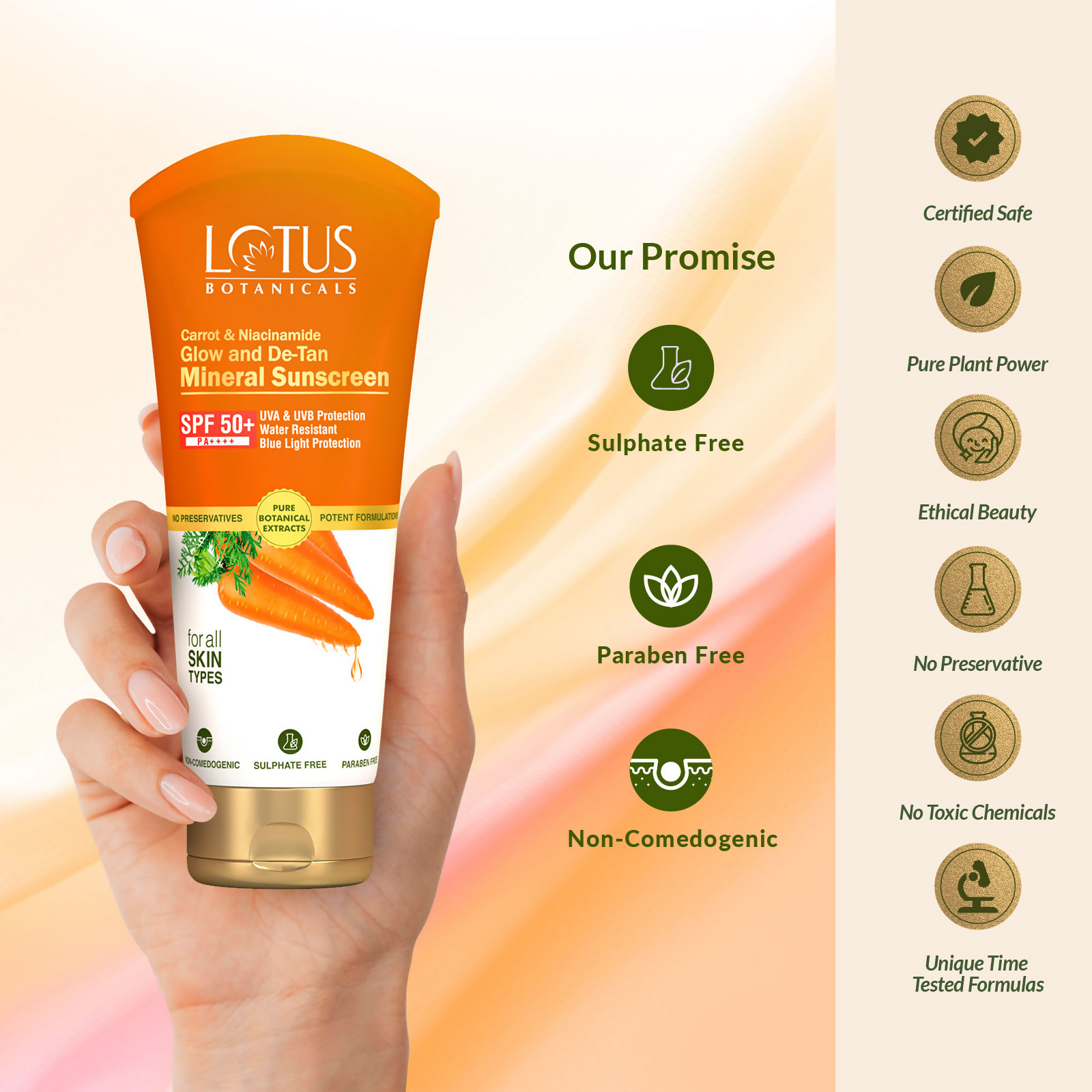 Lotus Botanicals Carrot & Niacinamide Glow and De-Tan Mineral Sunscreen, SPF 50+, PA++++ | Swadesiicart