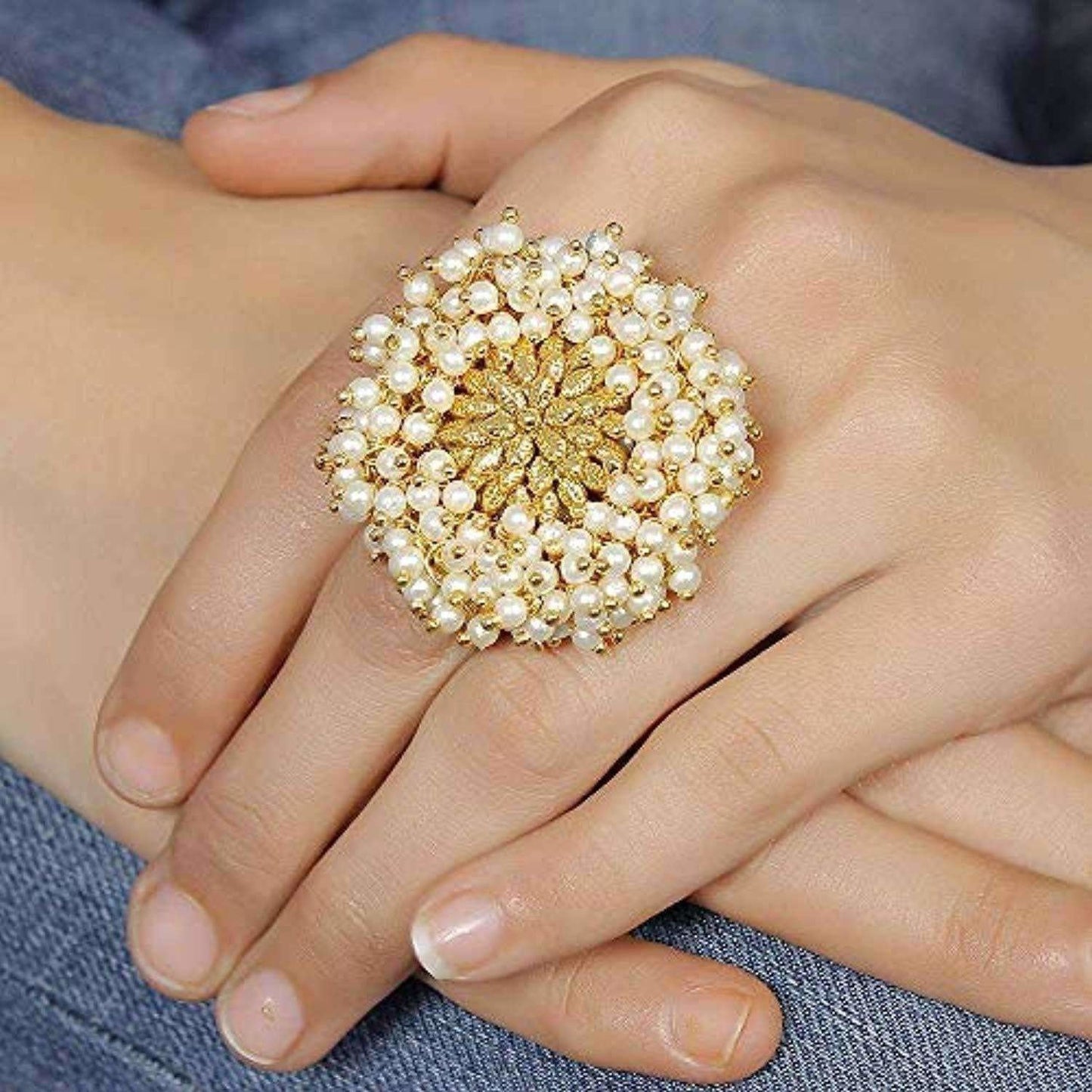 Gold-Polished Pearl Beads Polki Ring | Swadesiicart