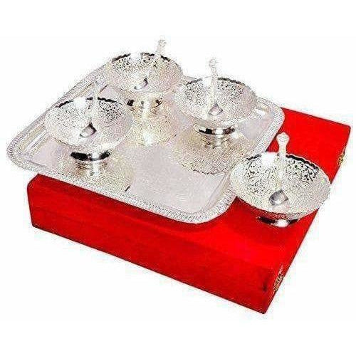 Silver Plated Brass Bowl Set with Tray - Pack of 9 - Swadesiicart
