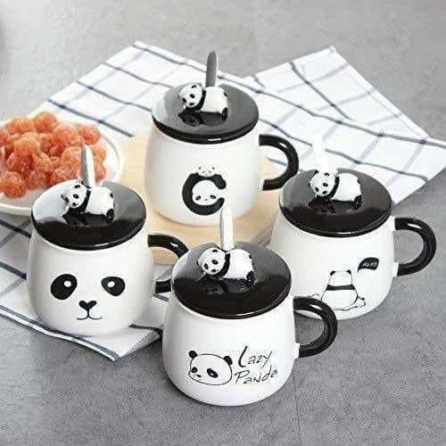Panda Ceramic Mug with Ceramic Lid and Spoon(Random Design)-300 ML (Pack of 1) - Swadesiicart