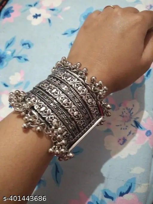 Tehzeeb Creations Women's Silver Colour Oxidised Bangle With Ghungroo - Swadesiicart