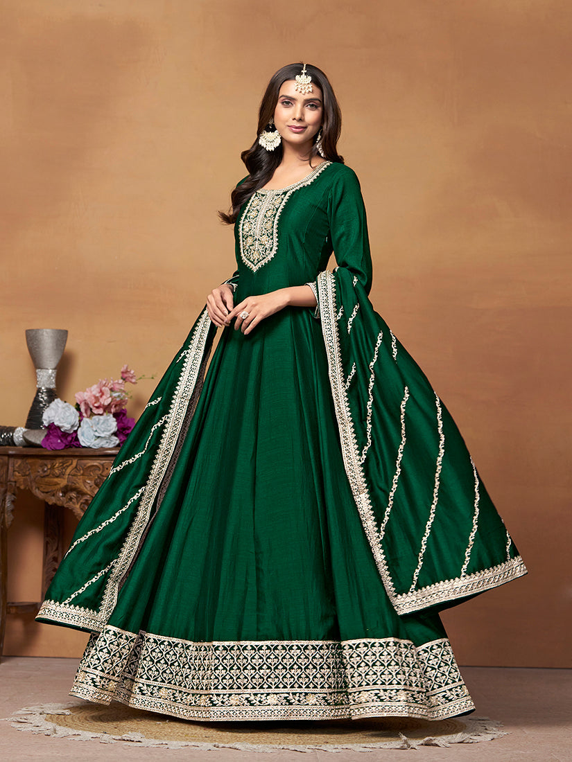 Monjolika Fashion Green Colour Art Silk Designer Anarkali Dress - Swadesiicart