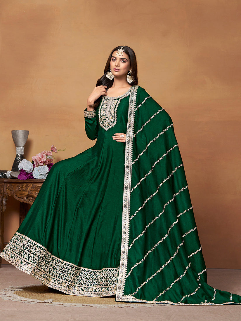 Monjolika Fashion Green Colour Art Silk Designer Anarkali Dress - Swadesiicart