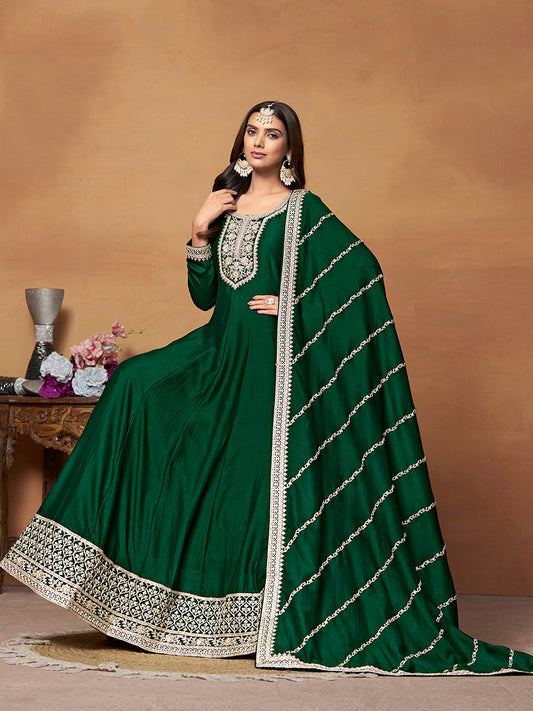 Monjolika Fashion Green Colour Art Silk Designer Anarkali Dress - Swadesiicart