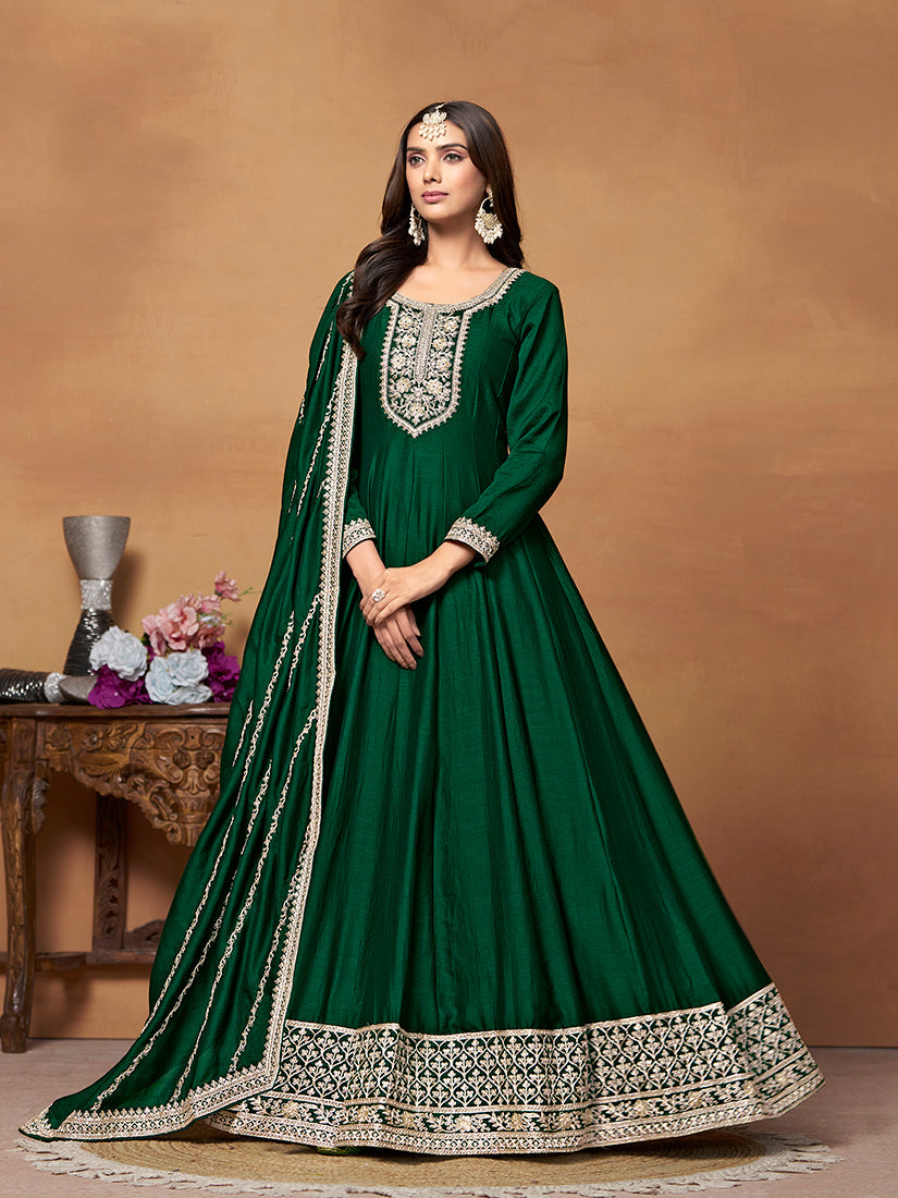 Monjolika Fashion Green Colour Art Silk Designer Anarkali Dress - Swadesiicart
