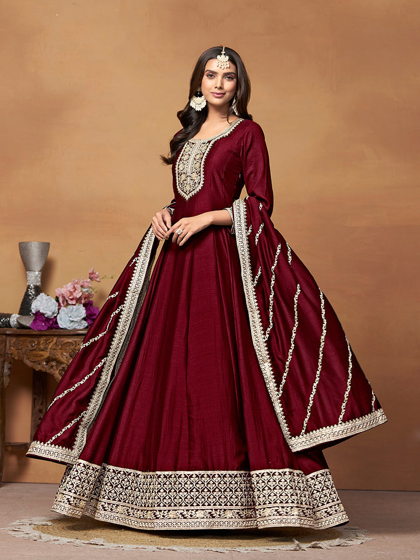 Monjolika Fashion Wine Colour Art Silk Designer Anarkali Dress - Swadesiicart