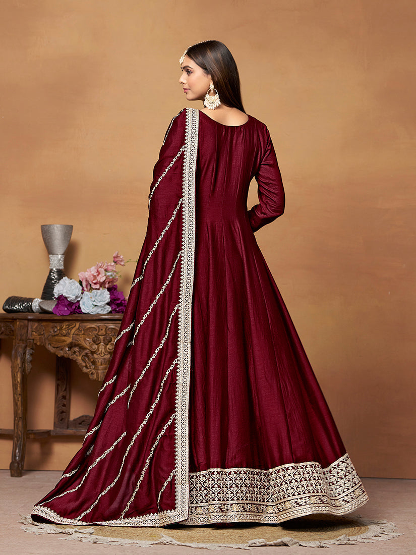 Monjolika Fashion Wine Colour Art Silk Designer Anarkali Dress - Swadesiicart