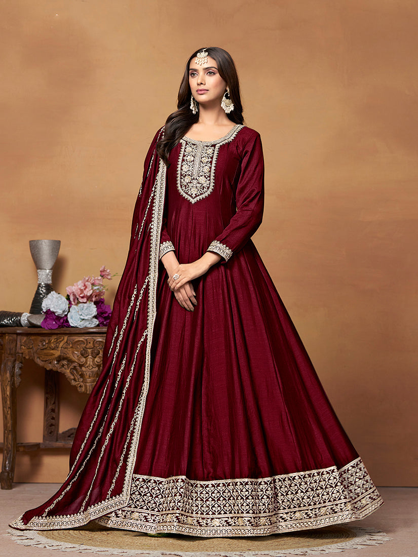 Monjolika Fashion Wine Colour Art Silk Designer Anarkali Dress - Swadesiicart