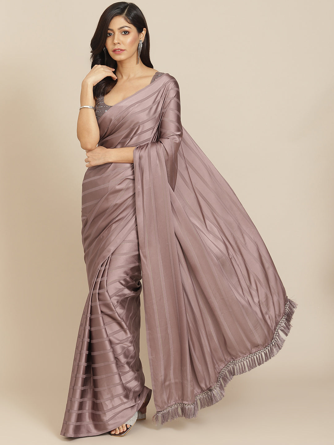 Tikhi Imli Gunmetal-Toned Striped Saree | Swadesiicart
