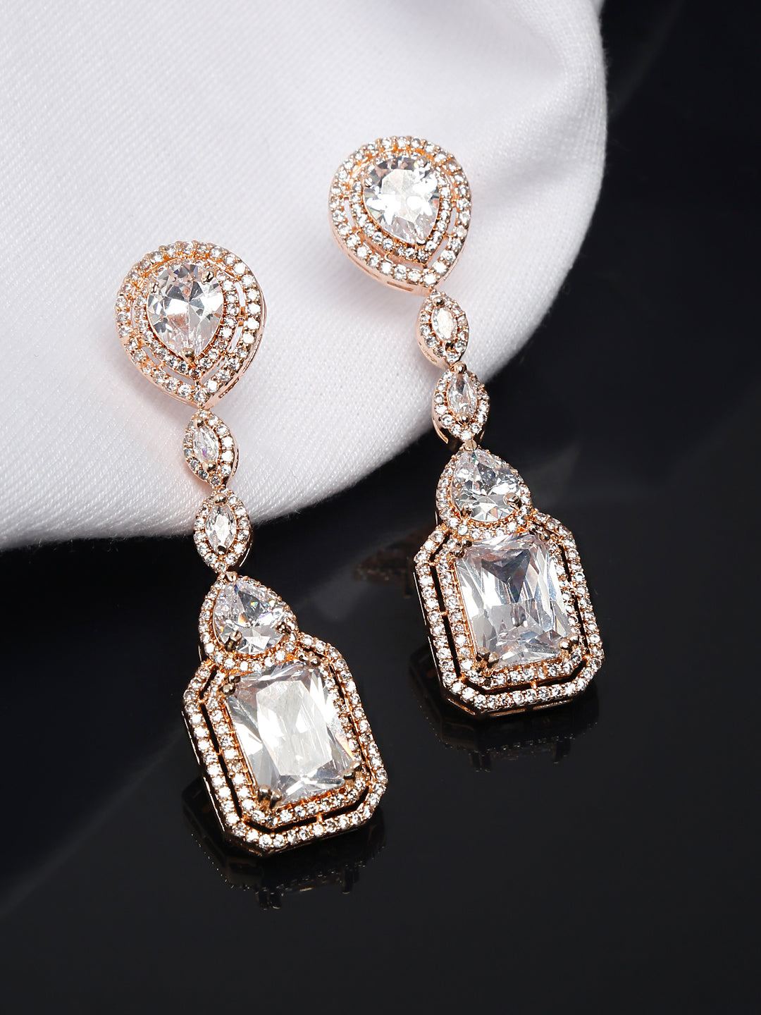 Yellow Chimes Rhodium-Plated Rose-Gold White AD-Studded Drop Earrings | Swadesiicart