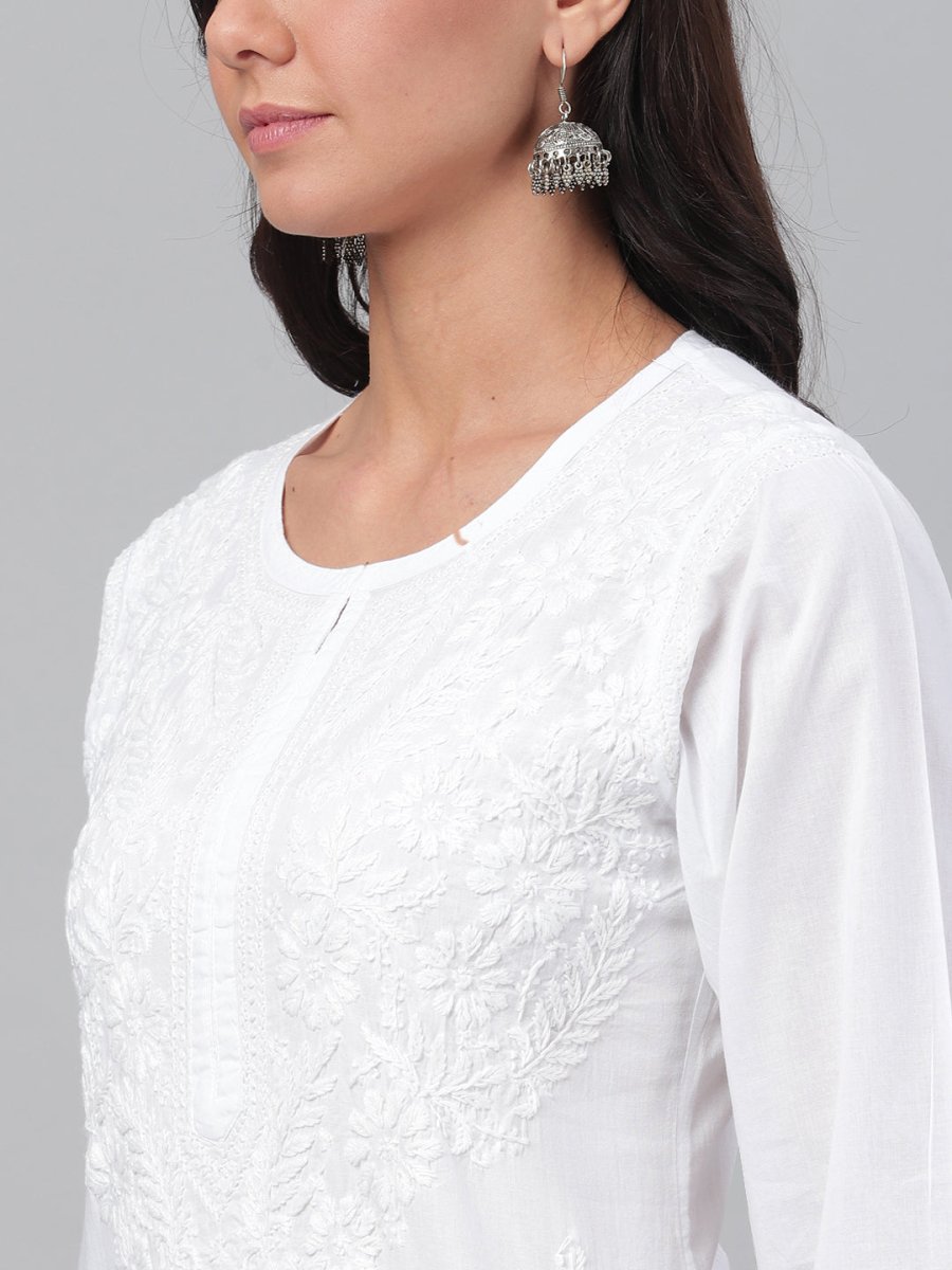 ADA Women White Chikankari Hand-Embroidered Straight Sustainable Handloom Kurta | Swadesiicart