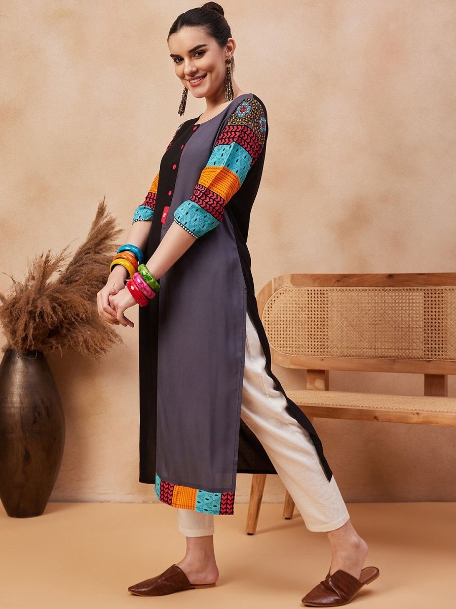 Anouk Ethnic Motifs Printed Round Neck Straight Kurta - Swadesiicart