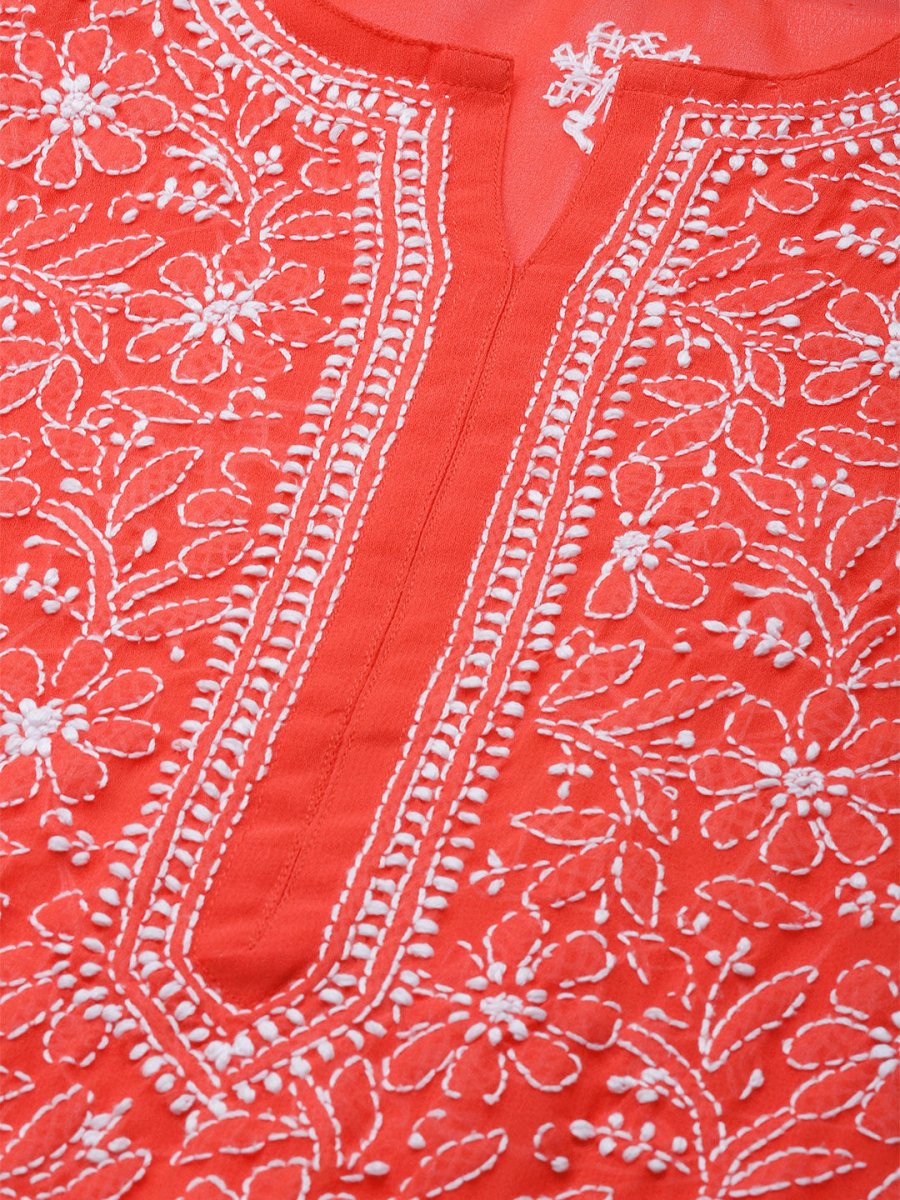ADA Women Red & White Sustainable Hand Embroidered Chikankari Handloom Kurta with Palazzos | Swadesiicart