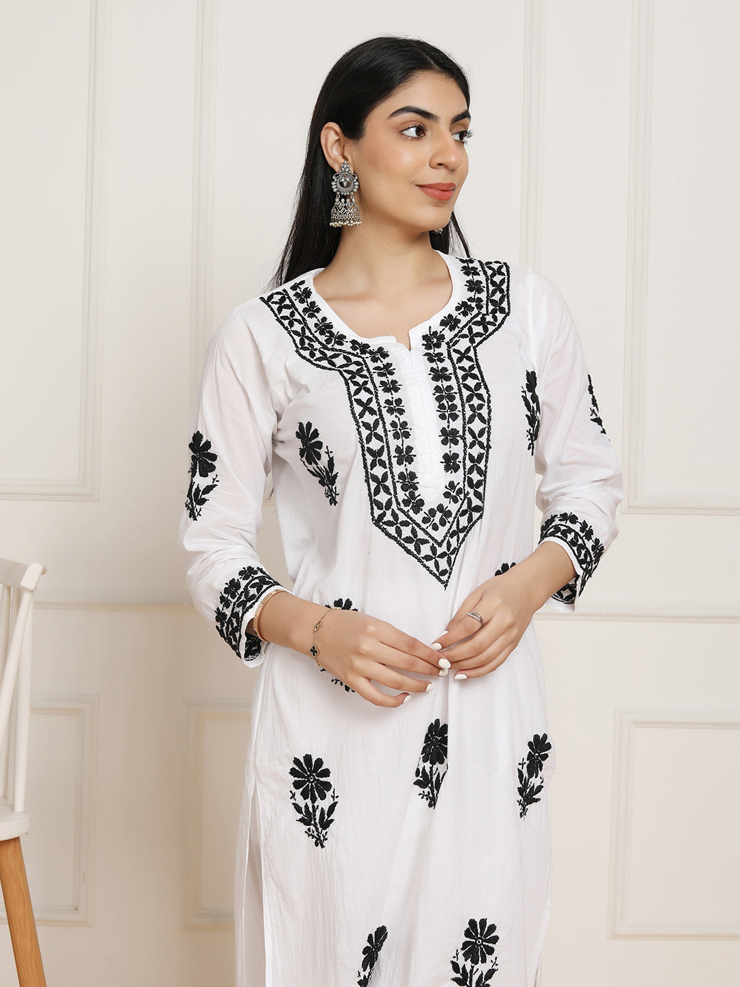 HOUSE OF KARI Women Ethnic Motifs Embroidered Regular Chikankari Pure Cotton Kurta with Trousers | Swadesiicart