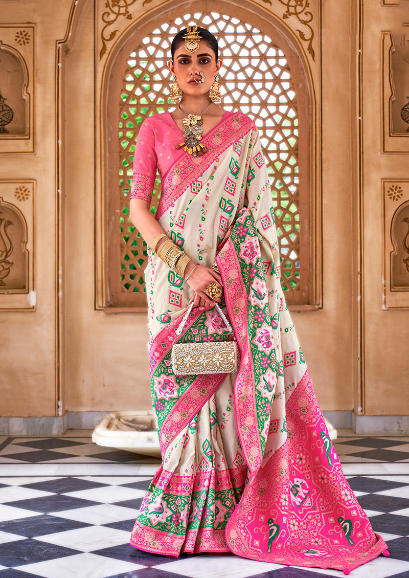 Monjolika Fashion Weaving White Banarasi Silk Contemporary Saree | Swadesiicart