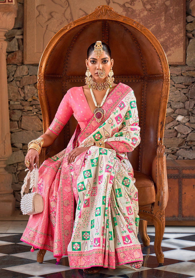 Monjolika Fashion White Banarasi Silk Weaving Traditional Saree | Swadesiicart