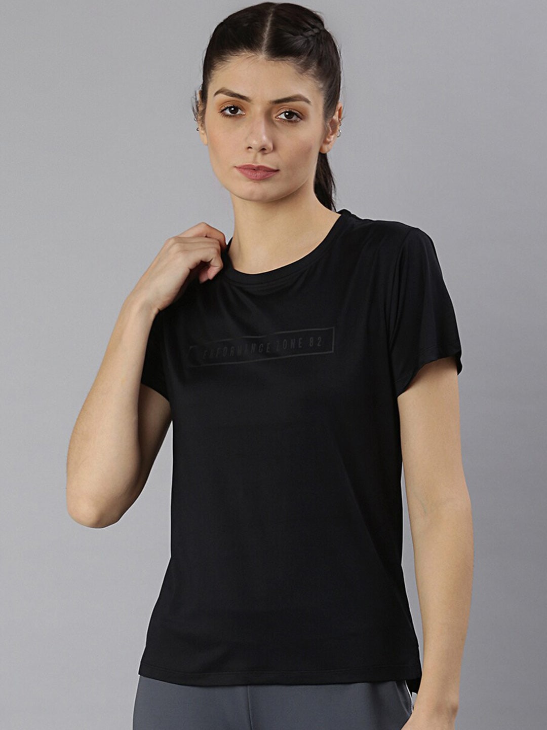 MKH Women Black Typography Dri-FIT Polyester Round Neck Sports T-shirt - Swadesiicart