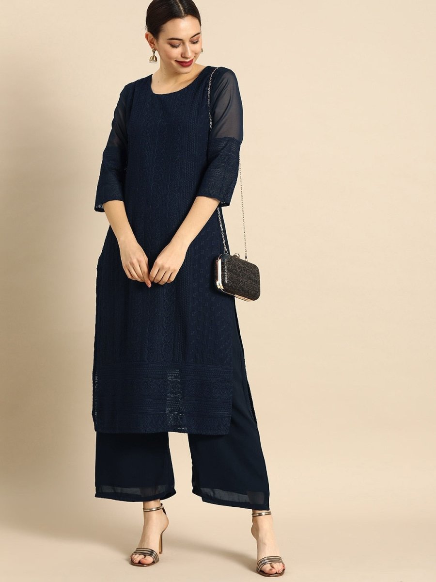 Anouk Women Navy Blue Chikankari Embroidered Kurta with Palazzos | Swadesiicart