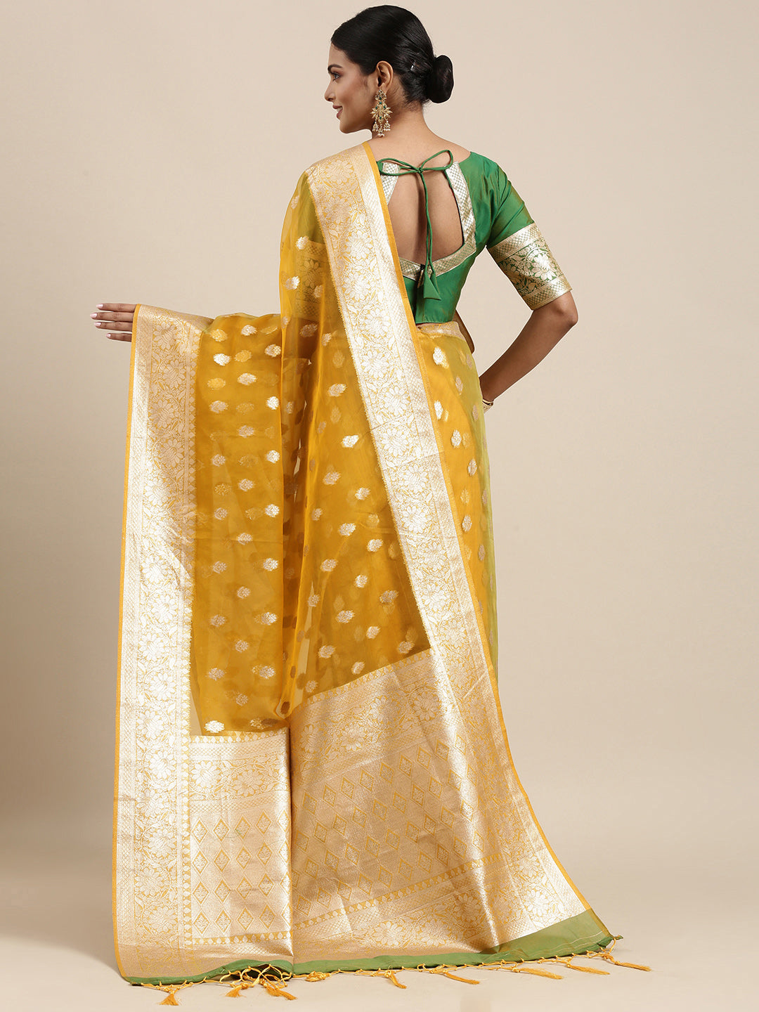 Saree Mall Mustard Ethnic Motifs Zari Organza Banarasi Saree | Swadesiicart