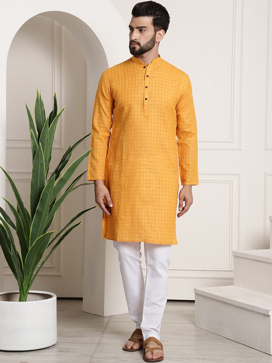 Sojanya Men Mustard Yellow Dobby Self-Checked Straight Kurta | Swadesiicart