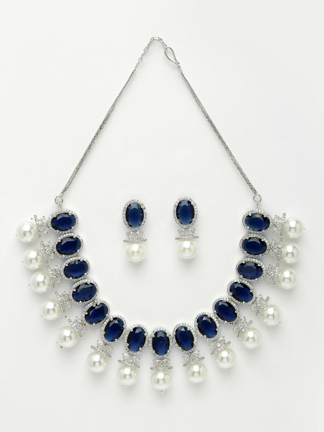 NVR Women's Silver-Plated Blue American Diamond Studded Handcrafted Jewellery Set - Swadesiicart