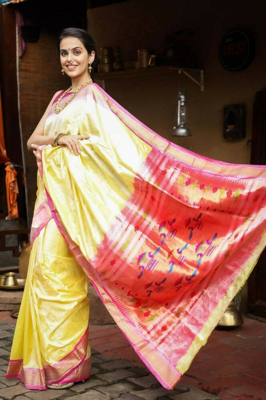 Very Much Indian Handloom Pure Silk Paithani Pastel Light Yellow | Swadesiicart