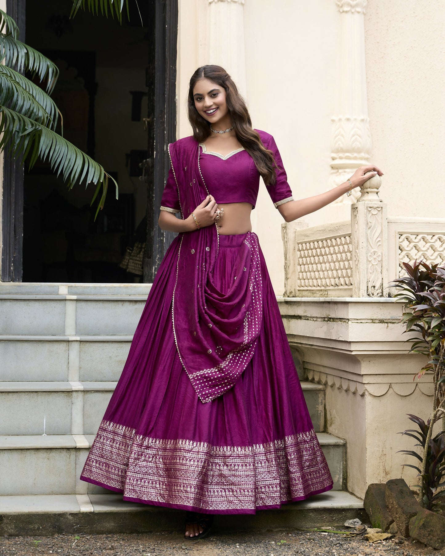 Lorenvalley Wine Pure Chanderi Plain With Zari Weaving Work Border Lehenga Choli | Swadesiicart