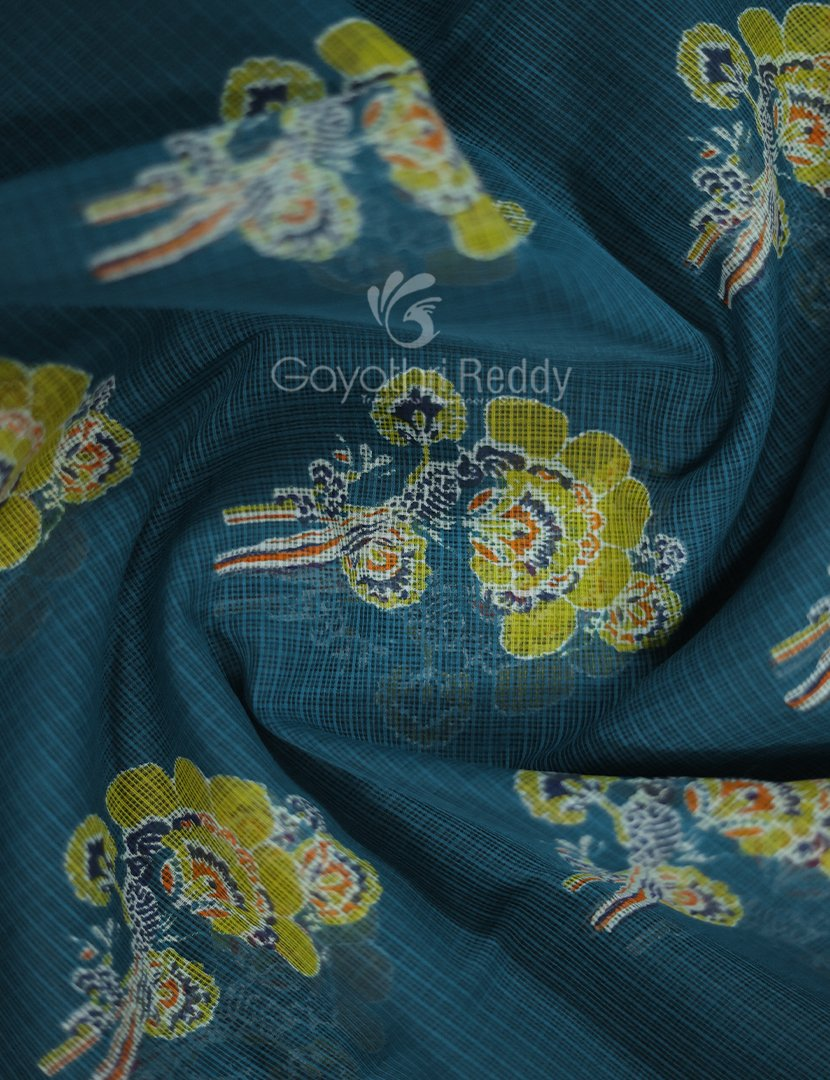 Shades of Peacock Blue With Block Design Pure Kota Cotton Saree By Gayathri Reddy Designer Studio | Swadesiicart