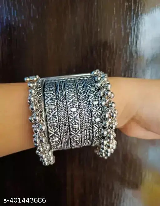 Tehzeeb Creations Women's Silver Colour Oxidised Bangle With Ghungroo - Swadesiicart