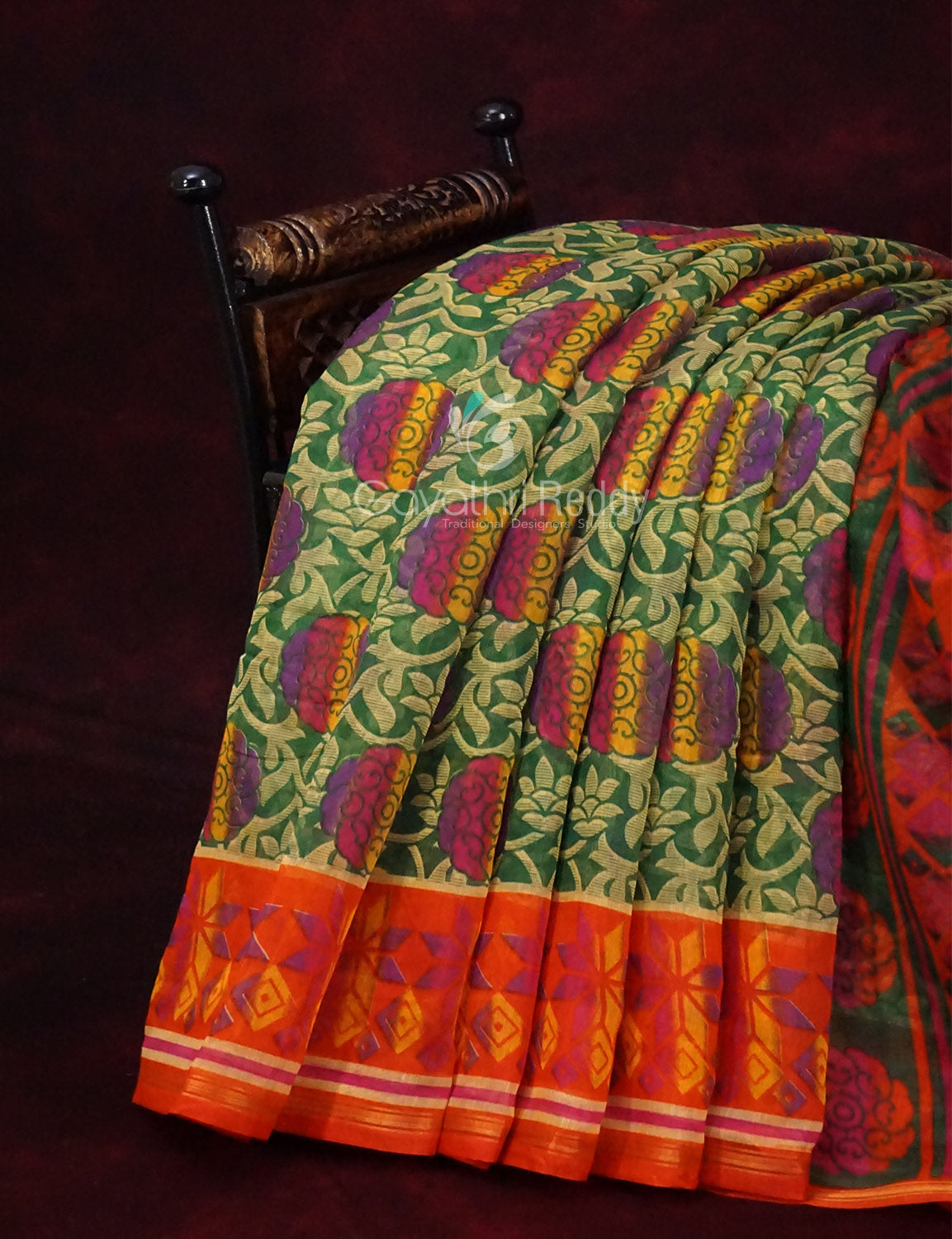 Dark Leaf Green Printed Semi Chanderi Saree By Gayathri Reddy Designer Studio | Swadesiicart