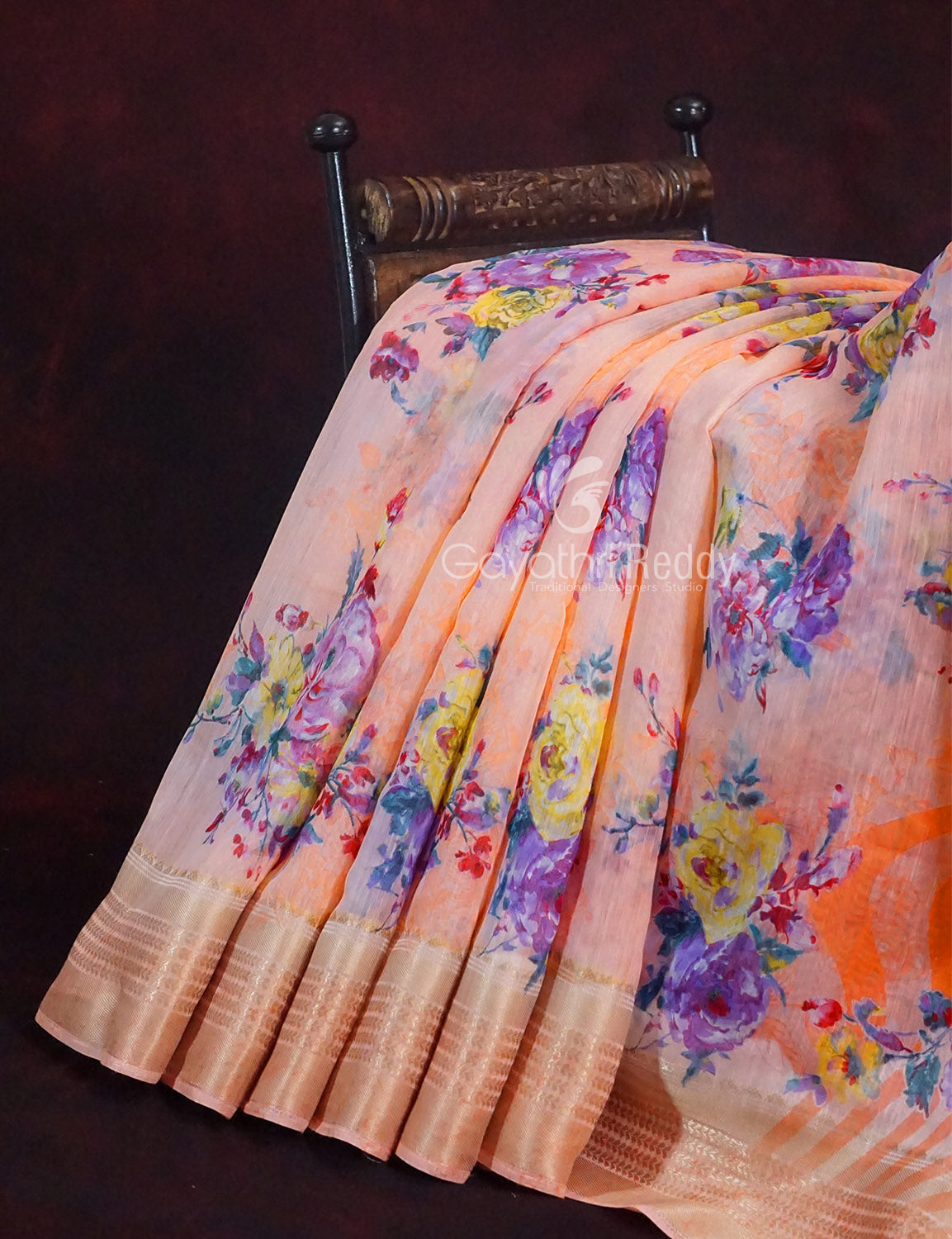 Vibrant Combination of Baby Peach and Orange with Floral Design Semi Chanderi Saree By Gayathri Reddy Designer Studio | Swadesiicart