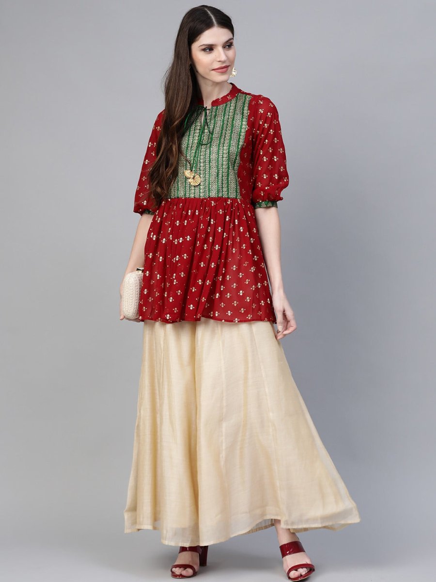 Ahalyaa Maroon & Green Printed A-Line Kediya Tunic | Swadesiicart