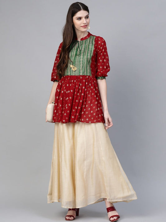 Ahalyaa Maroon & Green Printed A-Line Kediya Tunic | Swadesiicart