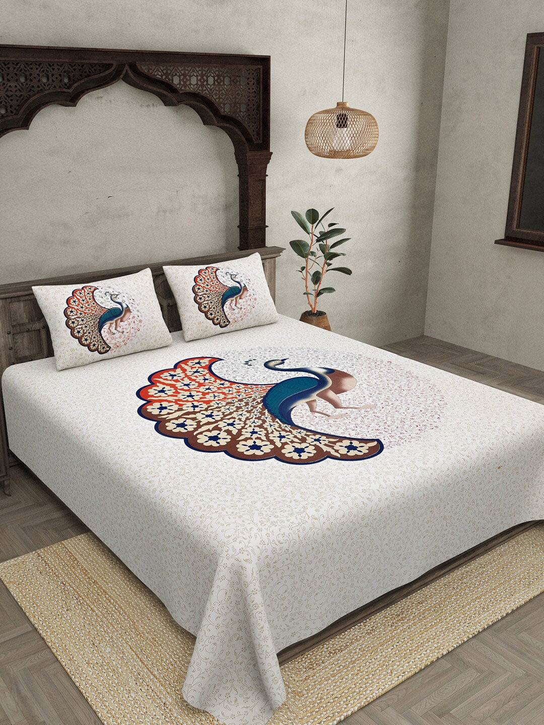 JAIPUR FABRIC Off White & Red Printed 240 TC Cotton King Bedsheet with 2 Pillow Covers | Swadesiicart