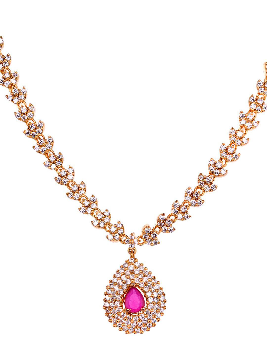 Saraf RS Jewellery Gold-Polished White & Red American Diamond Studded & Beaded Handcrafted Jewellery Set - Swadesiicart