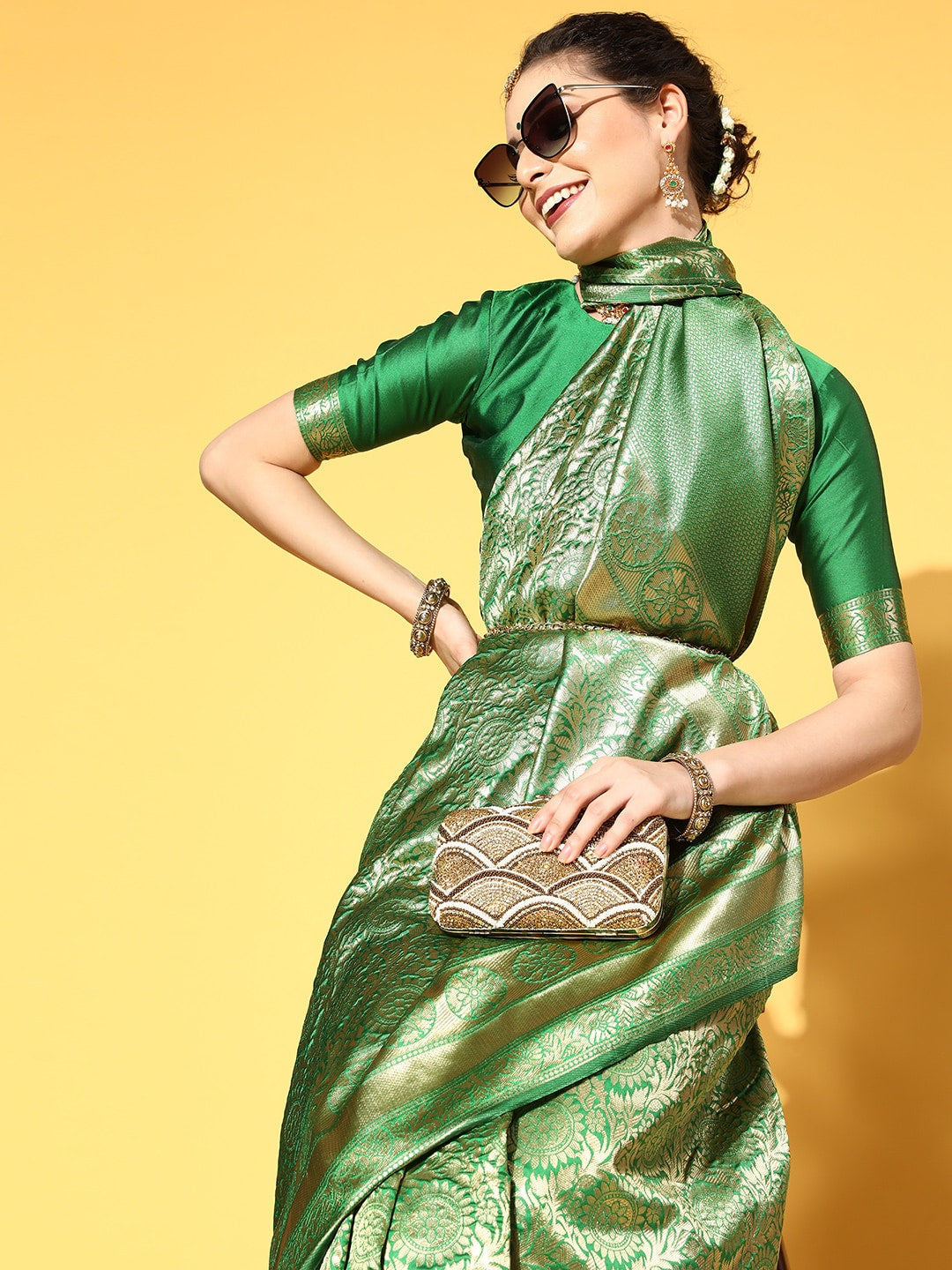 Saree Mall Green & Golden Woven Design Banarasi Saree | Swadesiicart