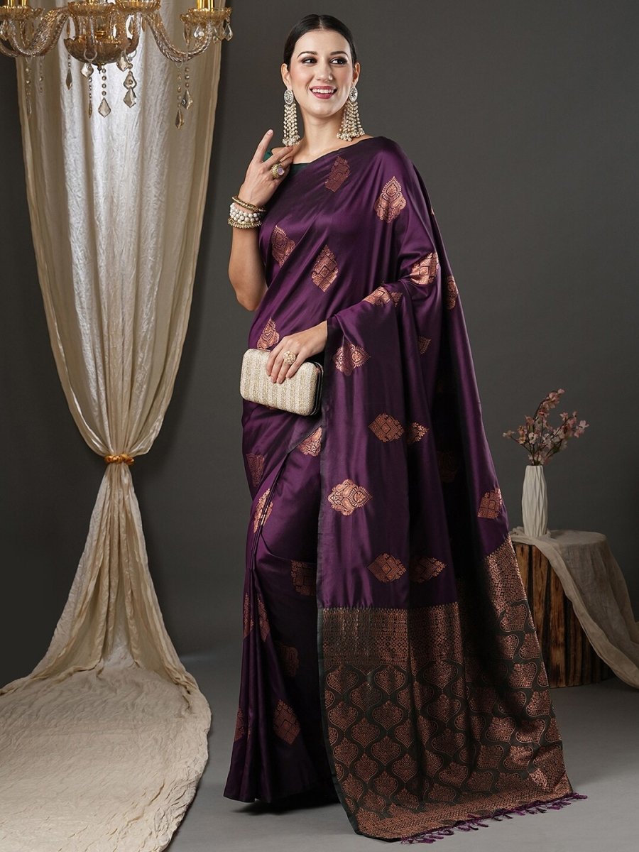 Anouk Purple & Gold-Toned Woven Design Zari Banarasi Saree | Swadesiicart