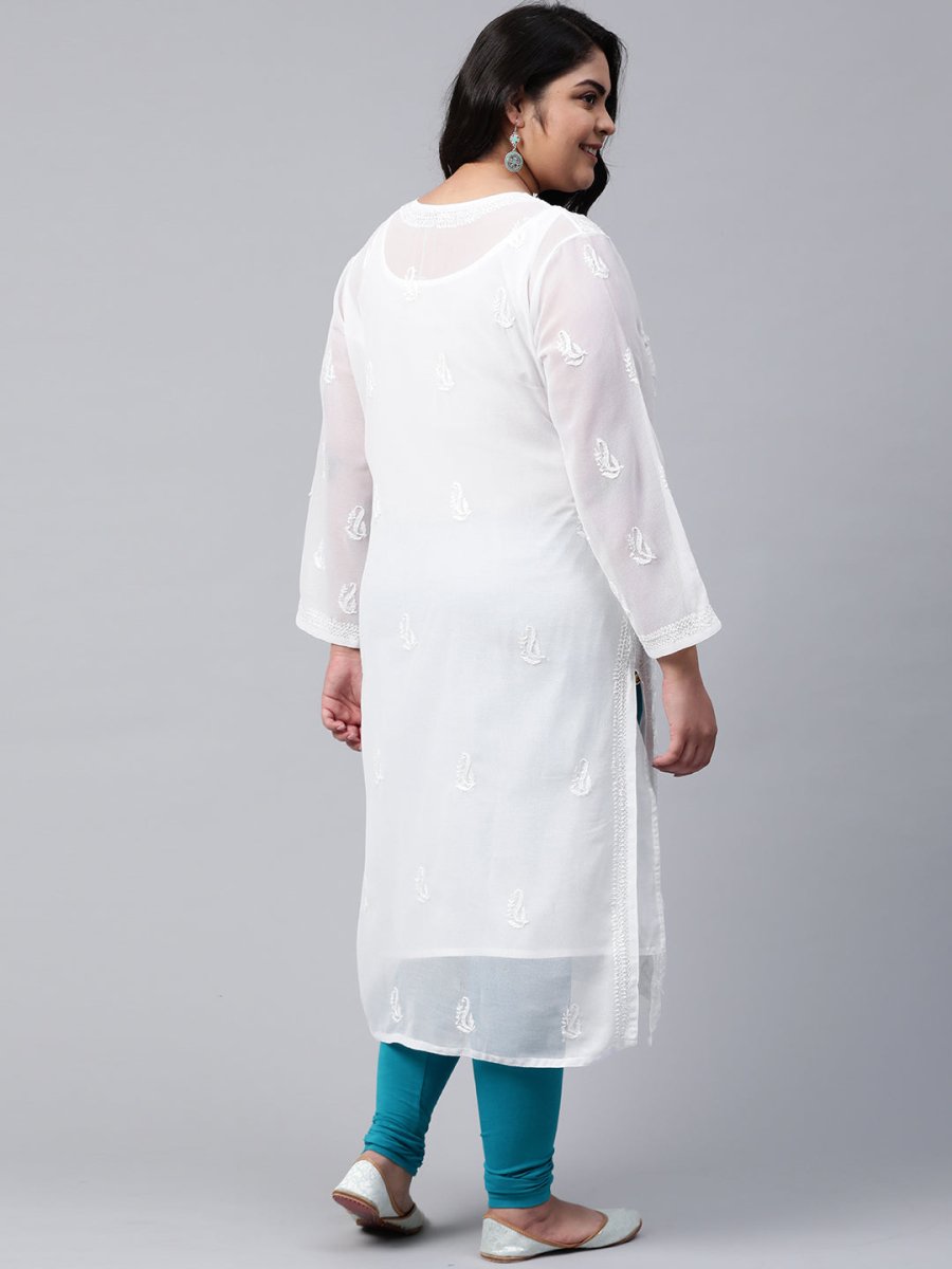 ADA Women Plus Size White Ethnic Motifs Chikankari Embroidered Georgette Handloom Kurta With Slip | Swadesiicart