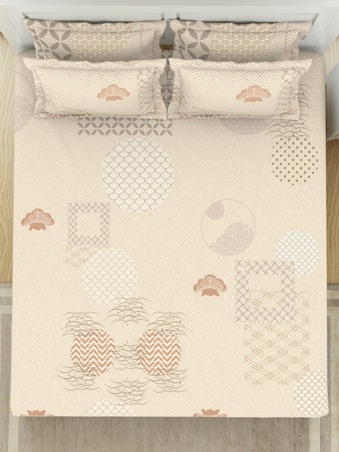 SPACES Pattern Art Cream Printed Egyptian Cotton 350 TC King Bedsheet & 4 Pillow Covers - Swadesiicart