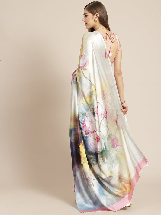 Tikhi Imli White & Pink Digital Floral Print Saree | Swadesiicart