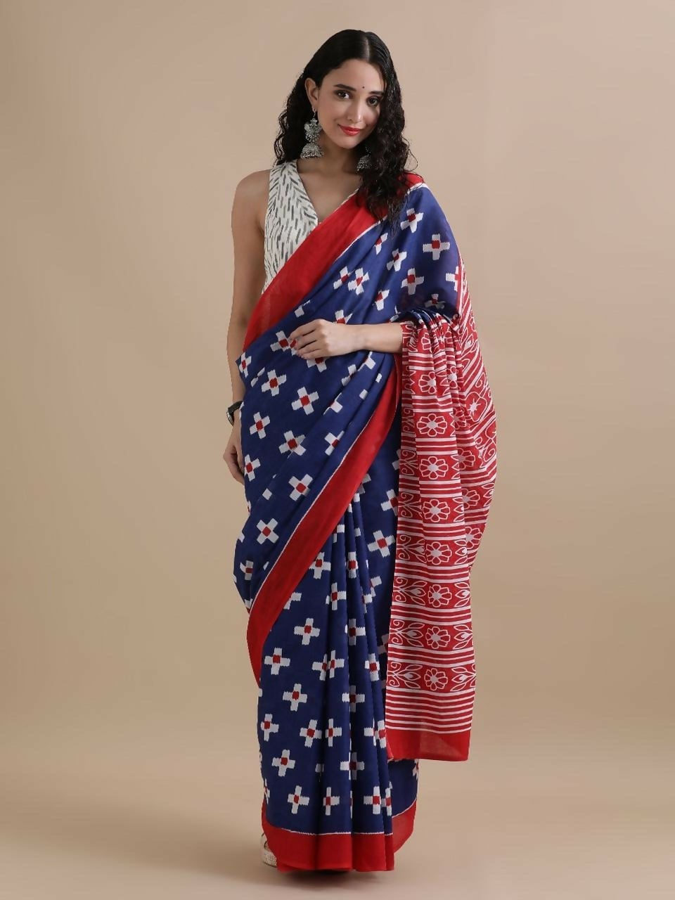 Exclusive Collection Blue Red Beautiful Mulmul Cotton Saree - Swadesiicart