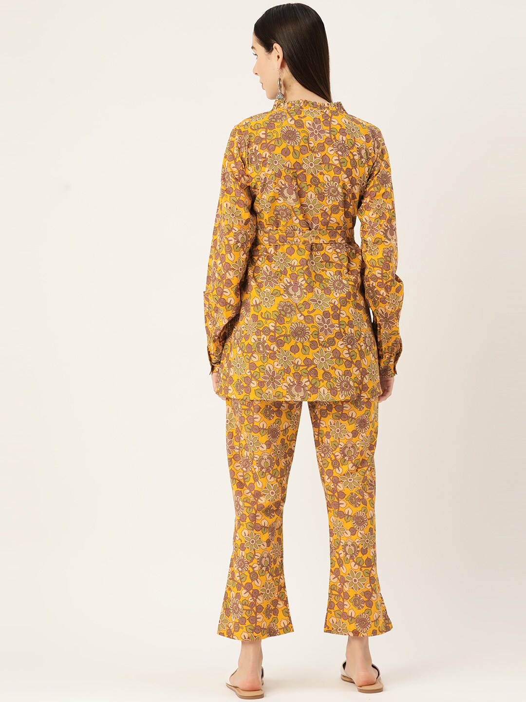 InWeave Mustard Kalamkari Print Co Ord Set With Belt - Swadesiicart