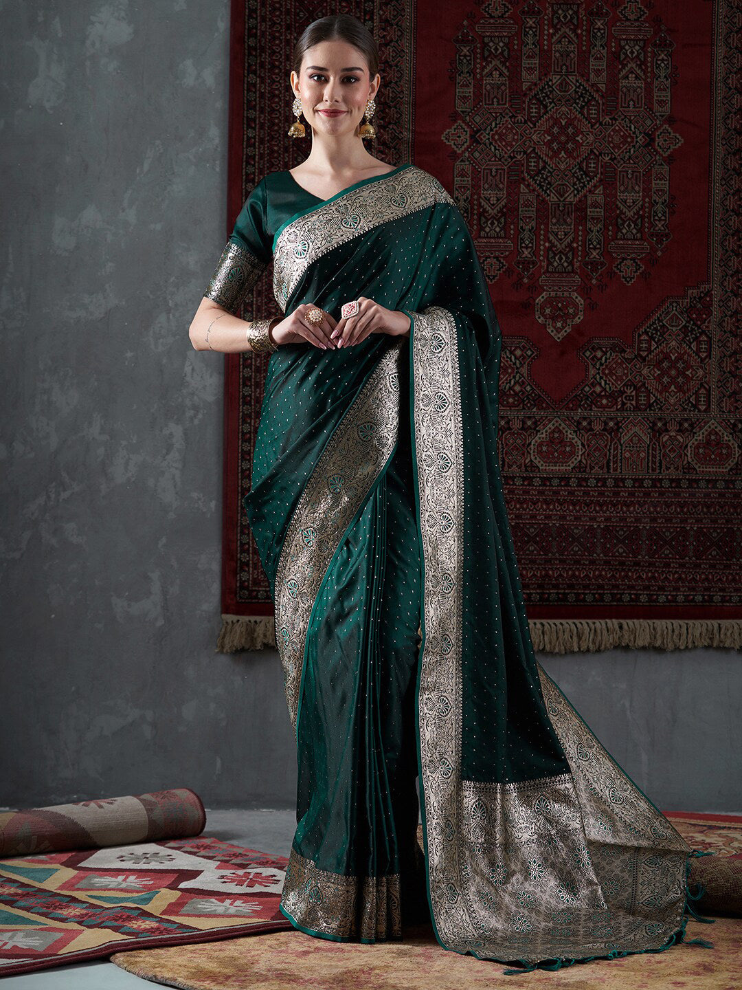 Mitera Green & Gold-Toned Ethnic Motifs Woven Design Zari Satin Banarasi Saree | Swadesiicart