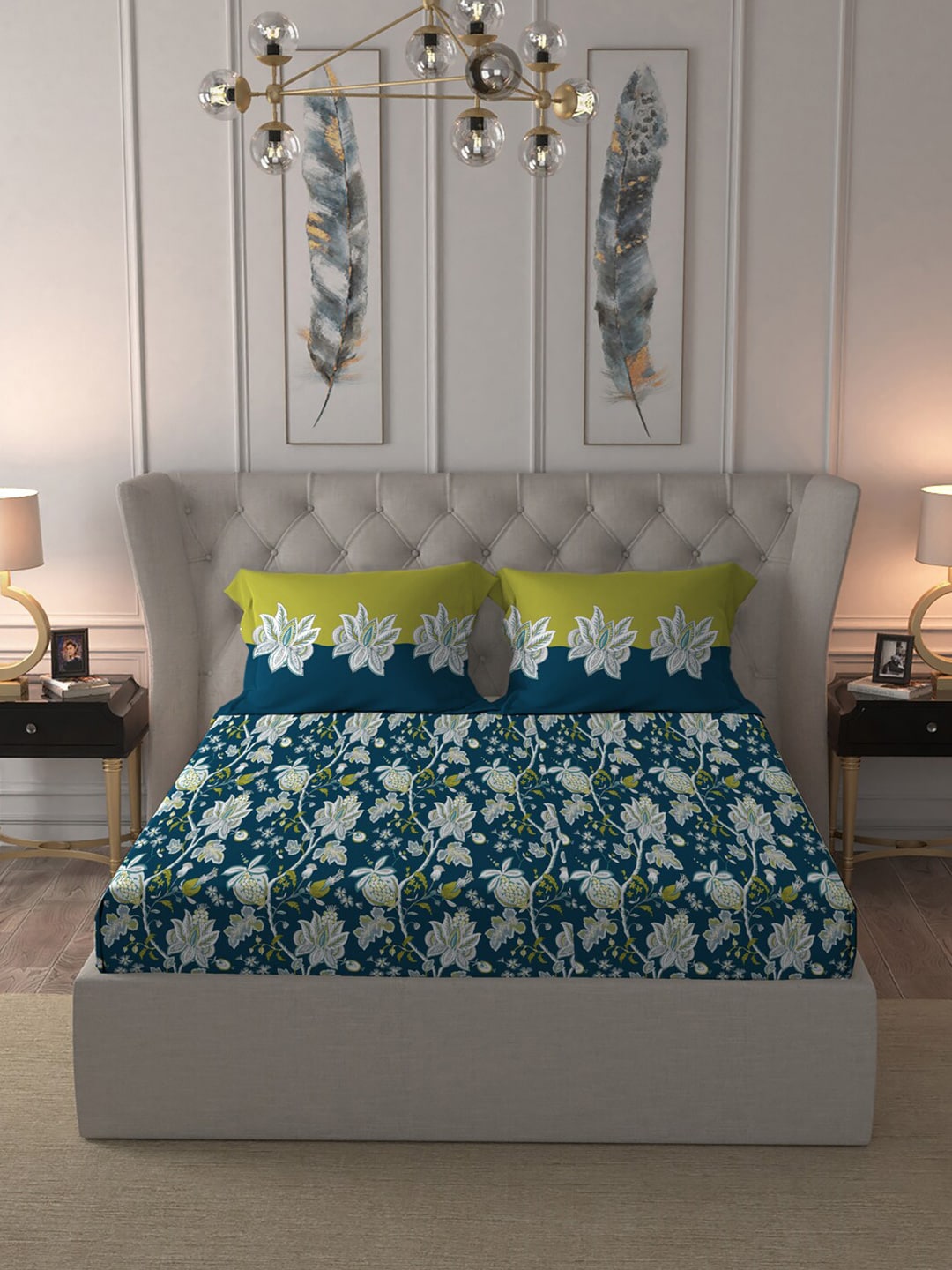 MYTRIDENT Blue White Floral Cotton 144 TC Queen Bedsheet With 2 Pillow Covers - Swadesiicart