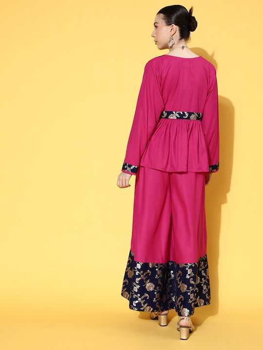 InWeave Women's Fuchsia Blue Brocade Mughal Shaan Kurta Palazzo Set - Swadesiicart